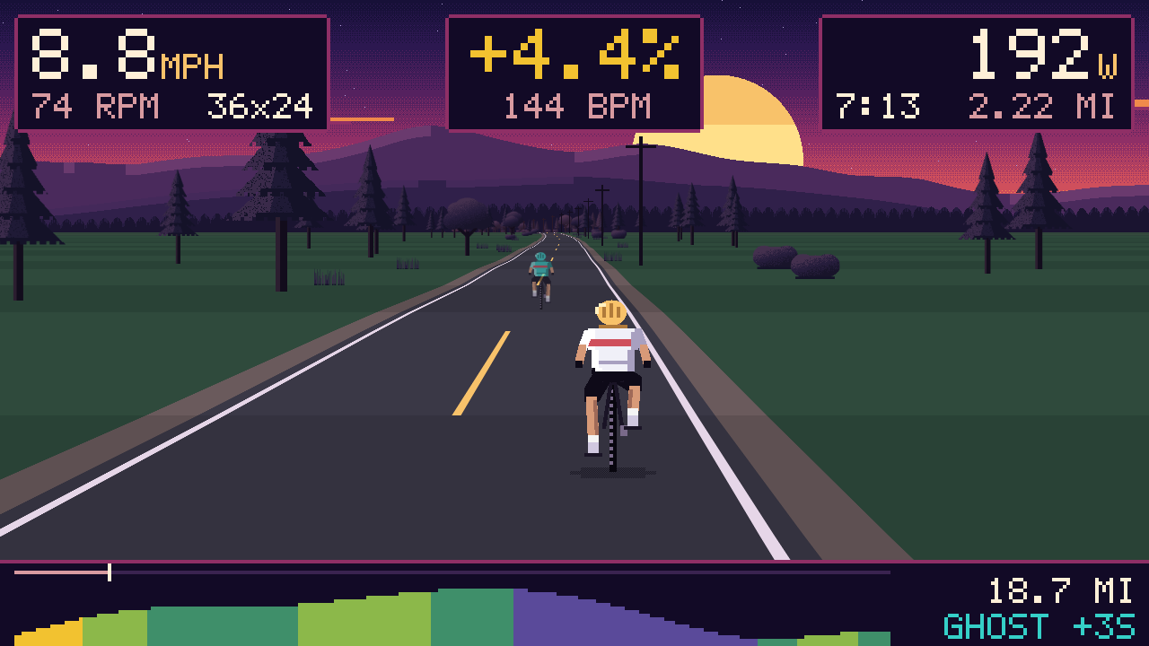 hartklop's game view at dusk: a rider chasing a pace ghost up a climb on a pixel-art road