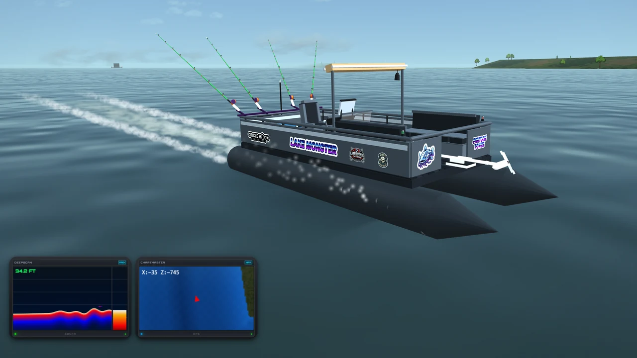 Pontoon Catfish in play: a pontoon named Lake Monster under way on the Upper Channel with four rods out, the sonar and the lake chart on screen